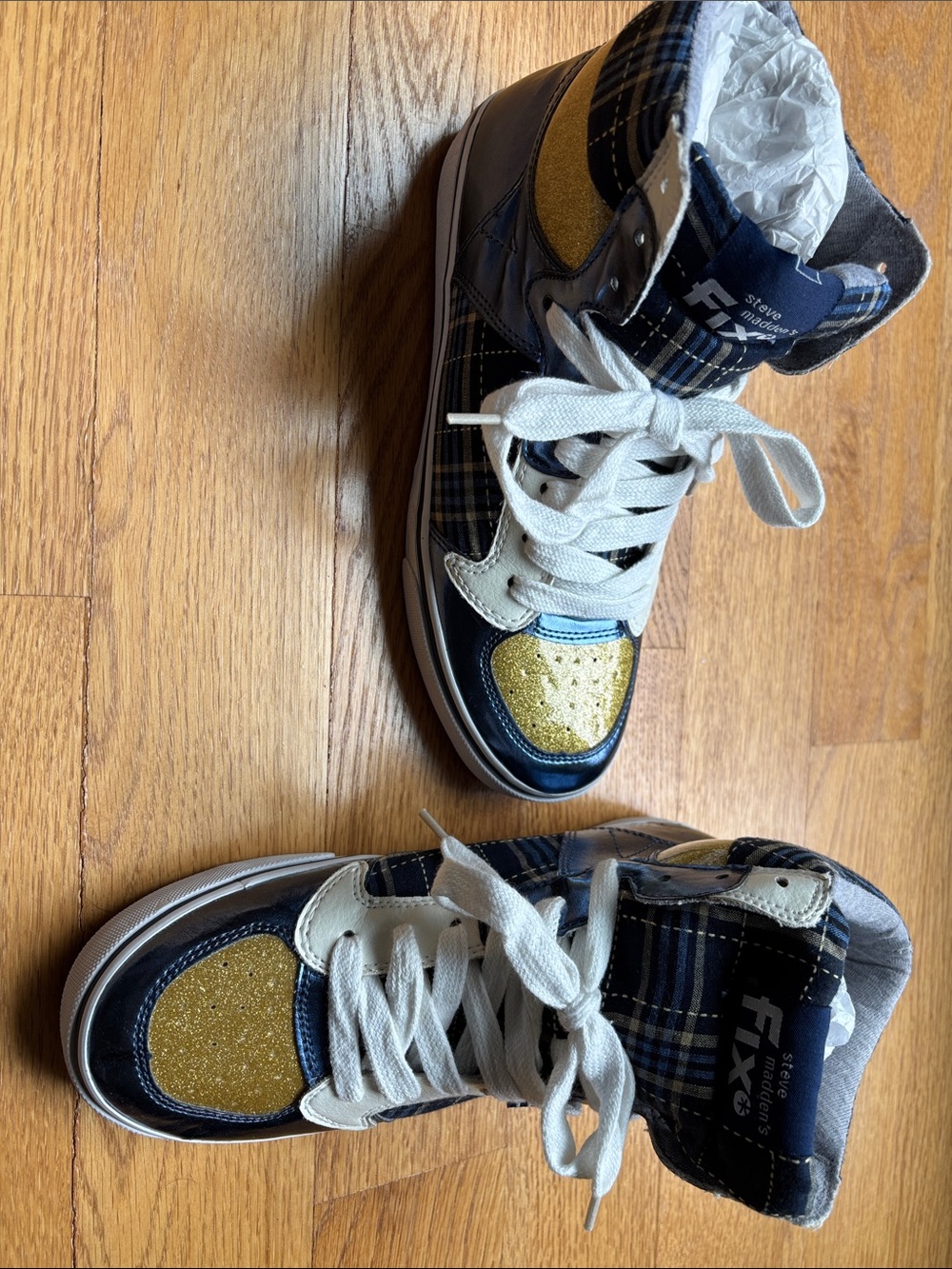 Steve Madden Navy Plaid and Gold Glitter High-Top Sneakers